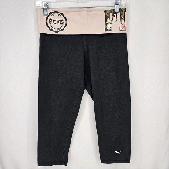 Retro Pink Victoria Secrets Active Wear Yoga Capri‎ Leggings Size S Black Pink - Picture 1 of 4